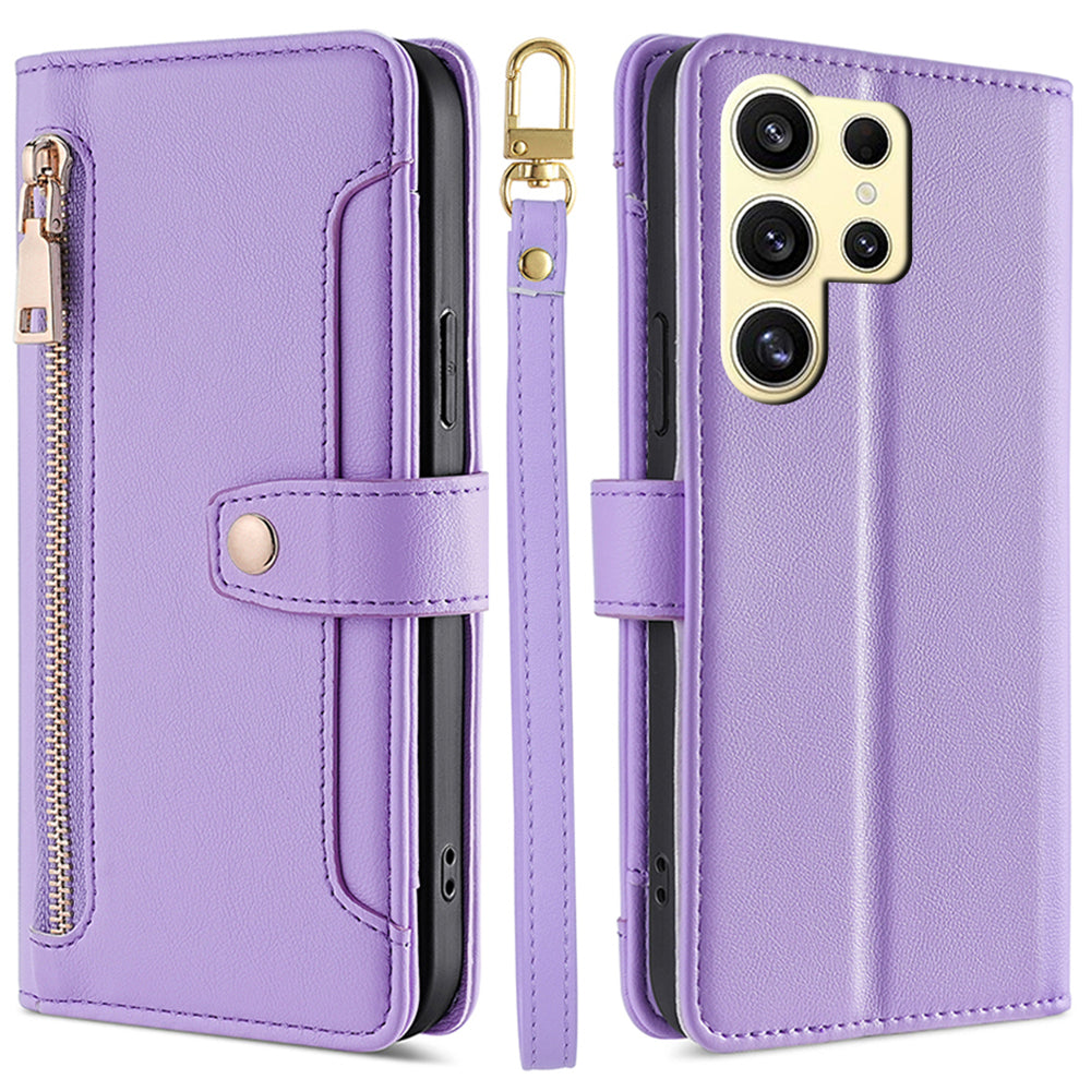For Samsung Galaxy S24 Ultra Cell Phone Case Magnetic Leather Wallet Card Holder Phone Cover with 2 Straps