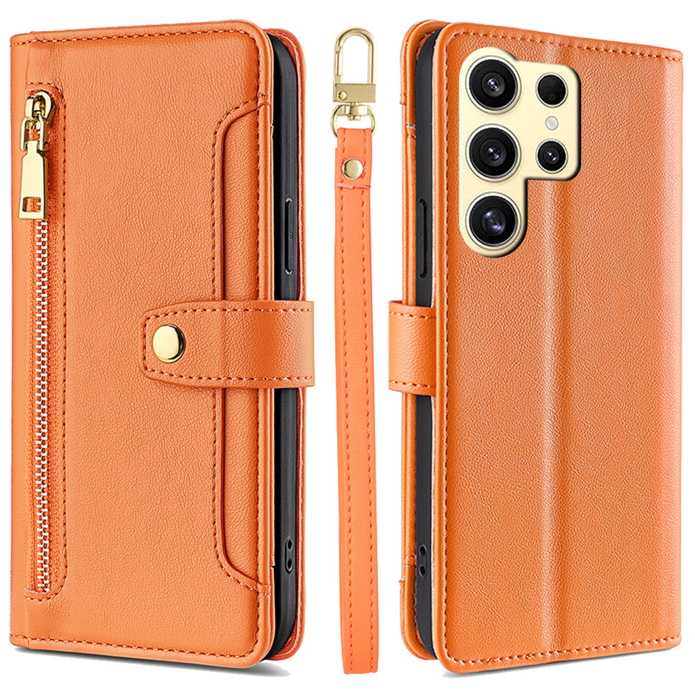 For Samsung Galaxy S24 Ultra Cell Phone Case Magnetic Leather Wallet Card Holder Phone Cover with 2 Straps