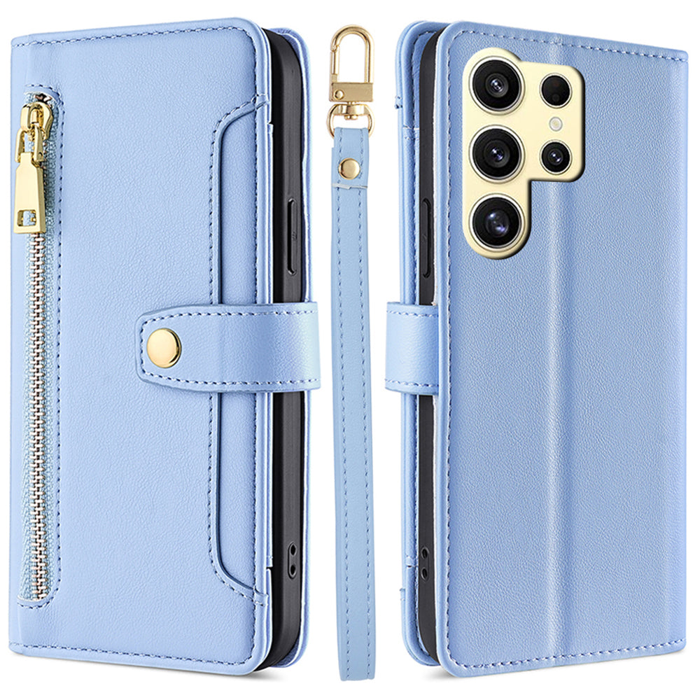 For Samsung Galaxy S24 Ultra Cell Phone Case Magnetic Leather Wallet Card Holder Phone Cover with 2 Straps