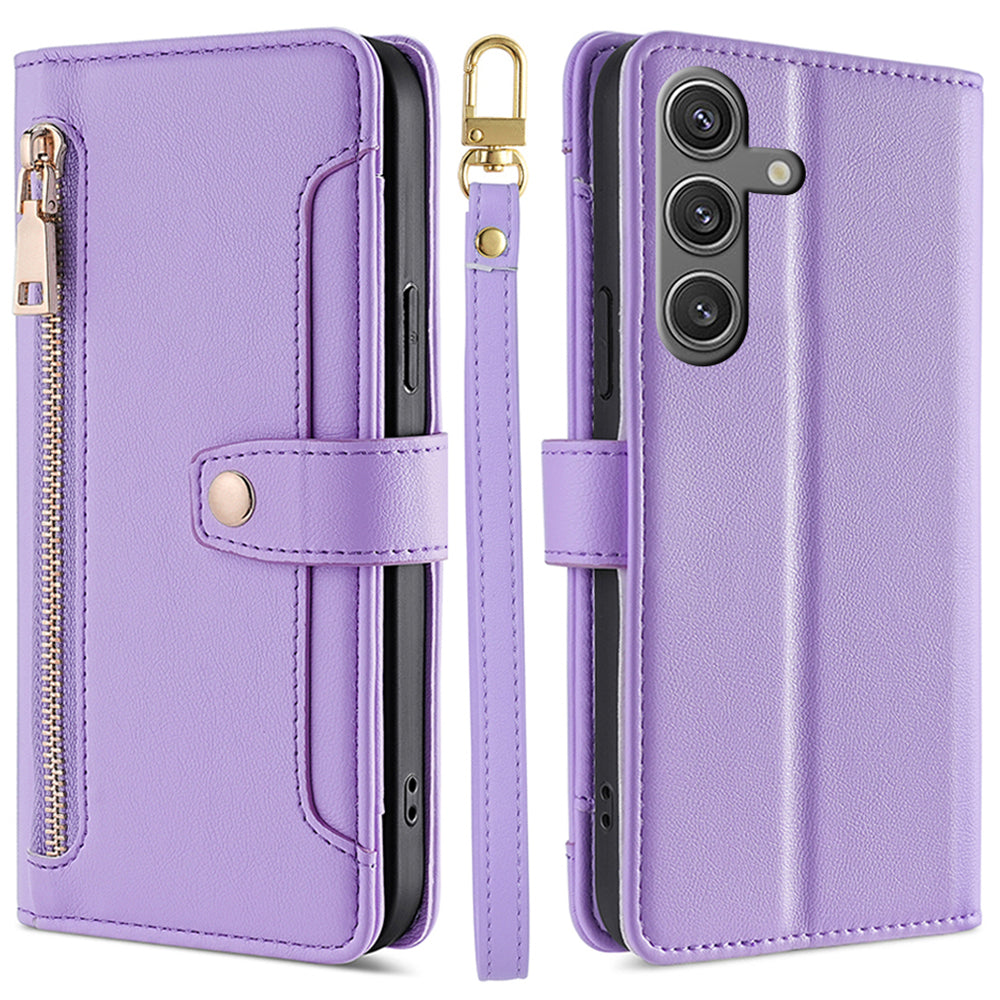 For Samsung Galaxy S24 Case Magnetic Drop-proof Cover Leather Stand Cover with 2 Straps