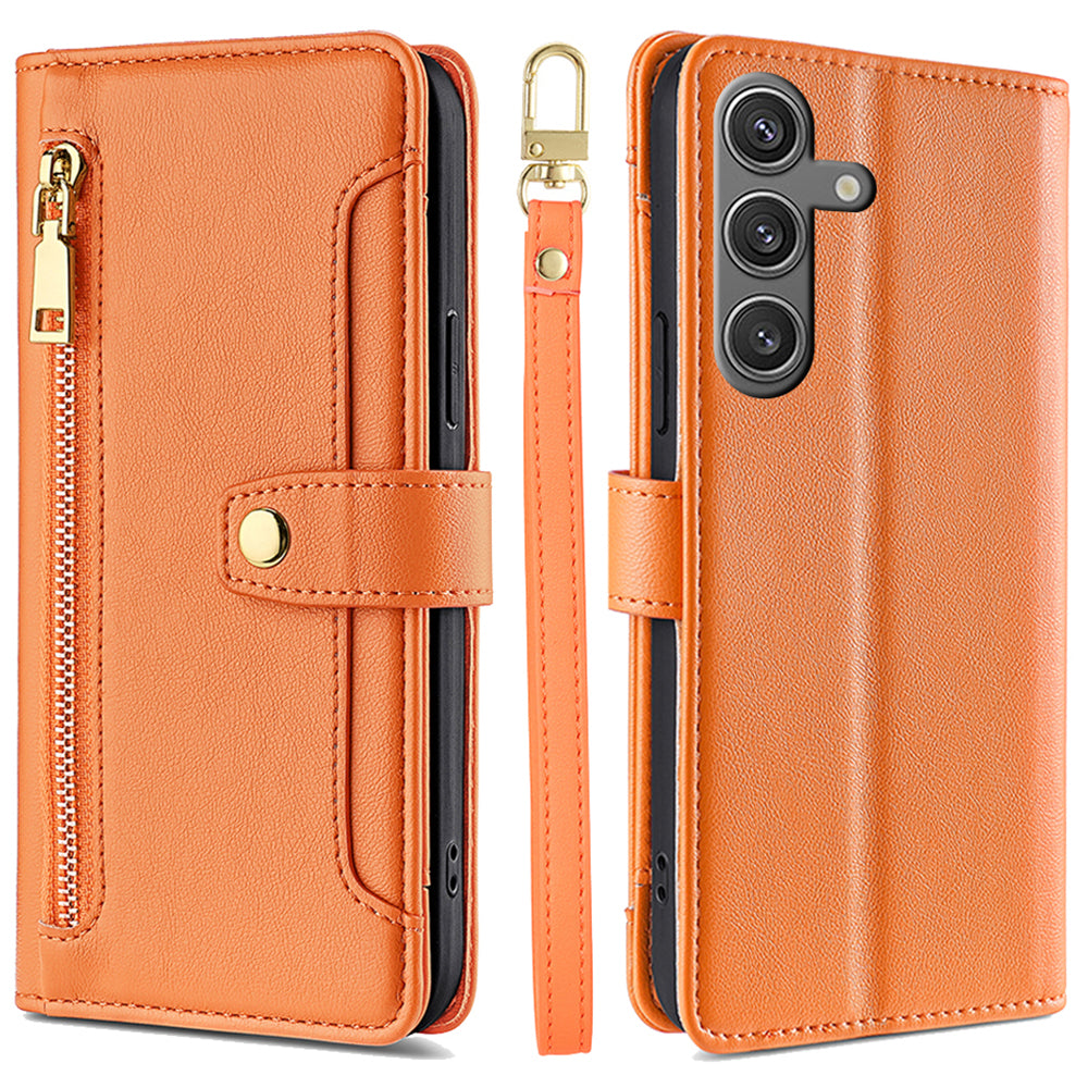 For Samsung Galaxy S24 Case Magnetic Drop-proof Cover Leather Stand Cover with 2 Straps