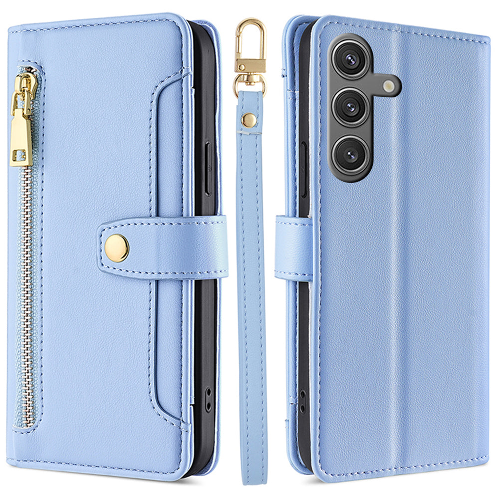 For Samsung Galaxy S24 Case Magnetic Drop-proof Cover Leather Stand Cover with 2 Straps