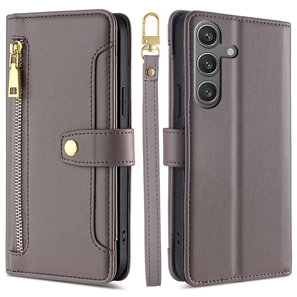 For Samsung Galaxy S24 Case Magnetic Drop-proof Cover Leather Stand Cover with 2 Straps