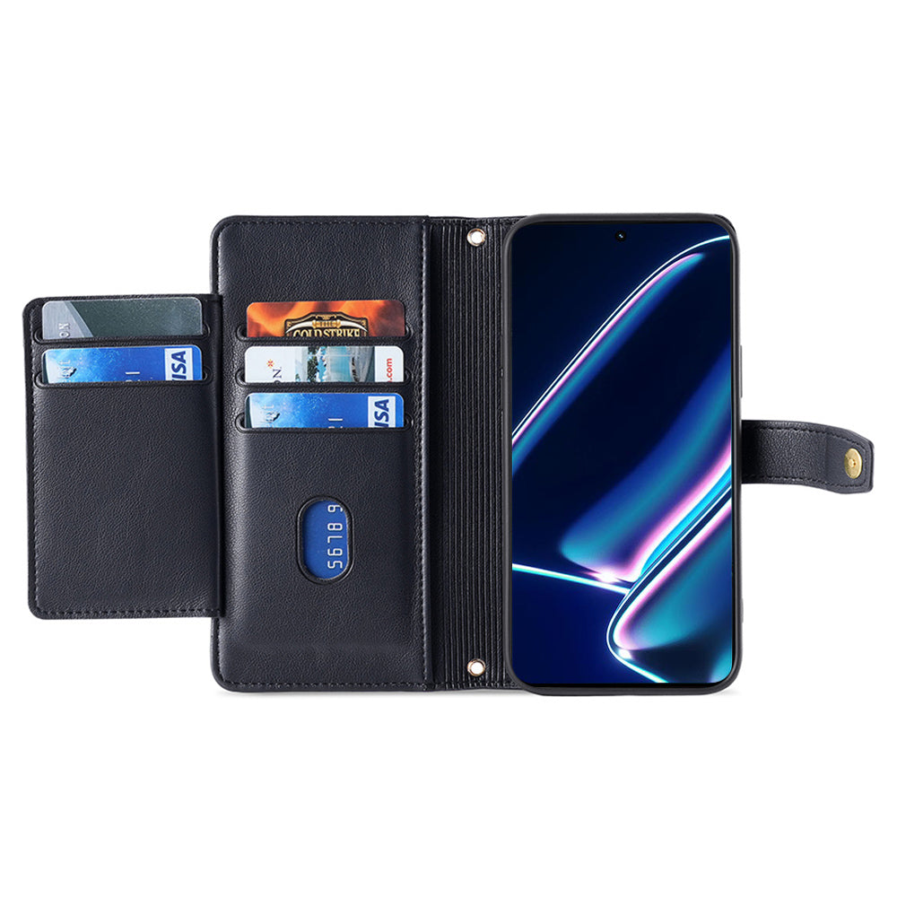 For Realme GT5 Pro 5G Cell Phone Case Zipper Pocket Wallet Leather Card Holder with 2 Straps