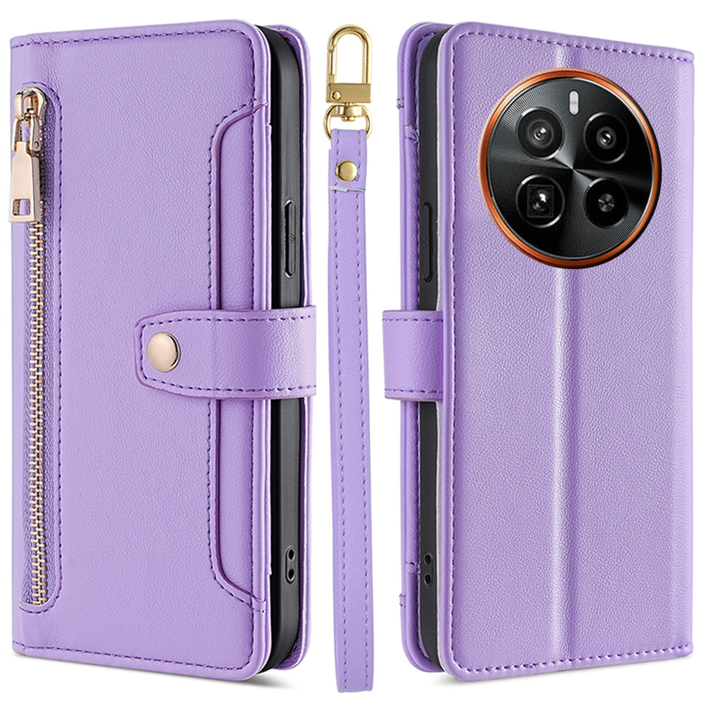 For Realme GT5 Pro 5G Cell Phone Case Zipper Pocket Wallet Leather Card Holder with 2 Straps