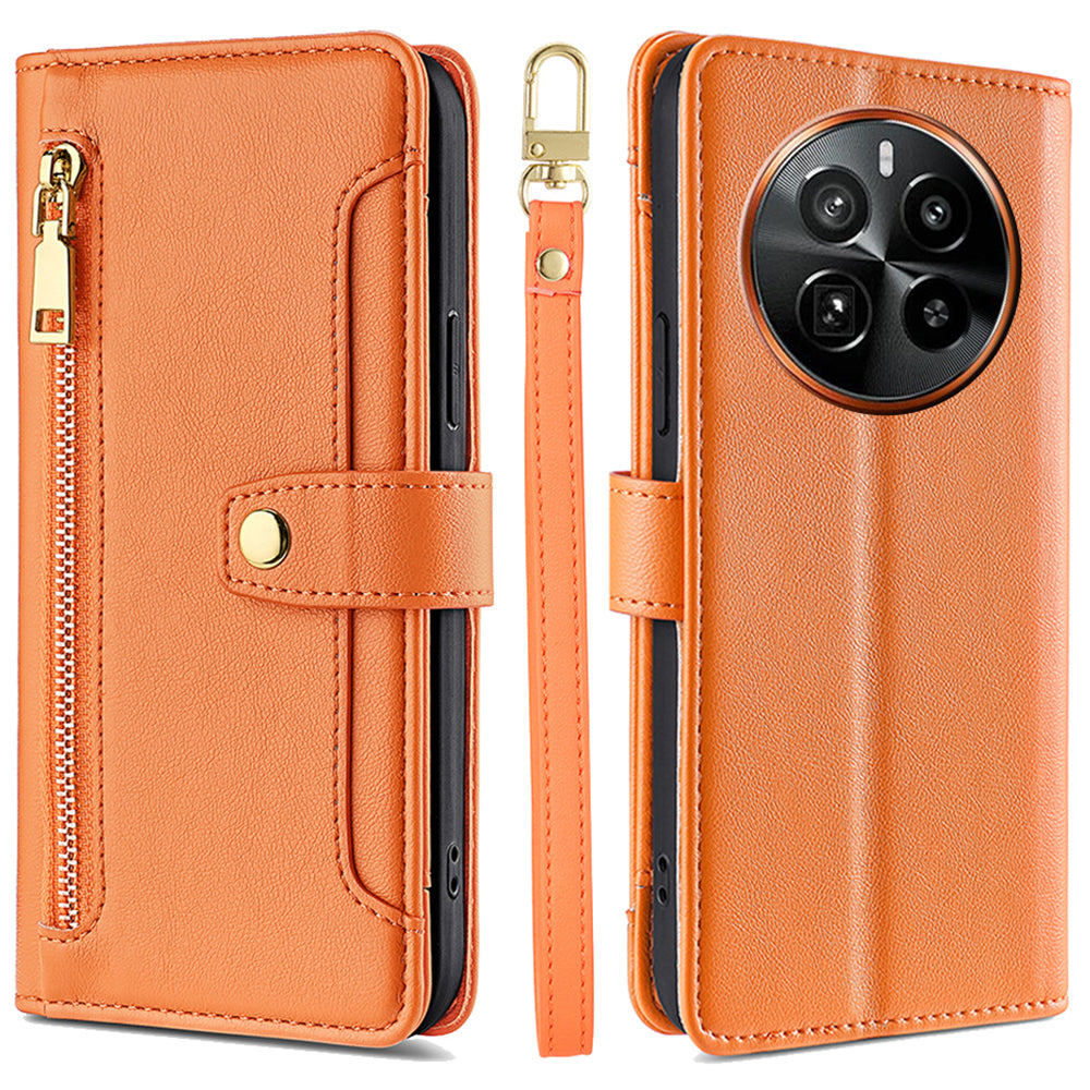For Realme GT5 Pro 5G Cell Phone Case Zipper Pocket Wallet Leather Card Holder with 2 Straps
