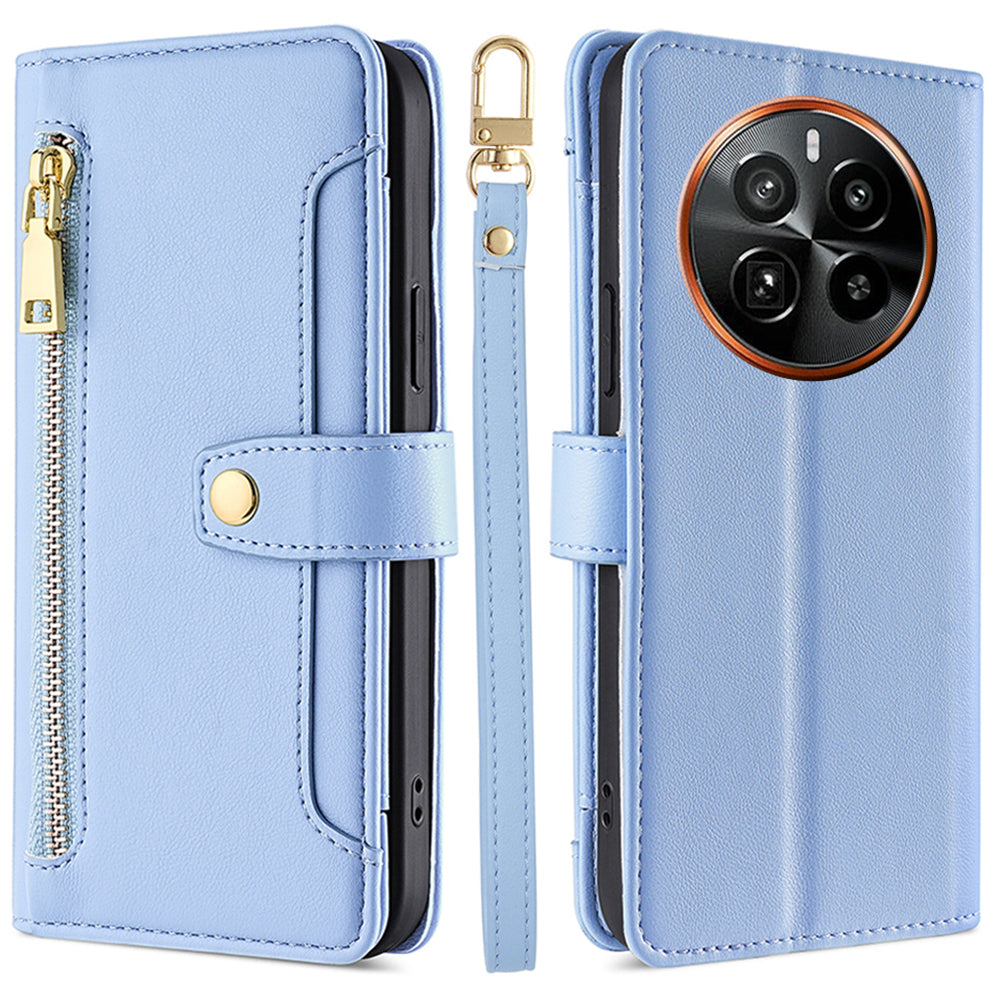 For Realme GT5 Pro 5G Cell Phone Case Zipper Pocket Wallet Leather Card Holder with 2 Straps