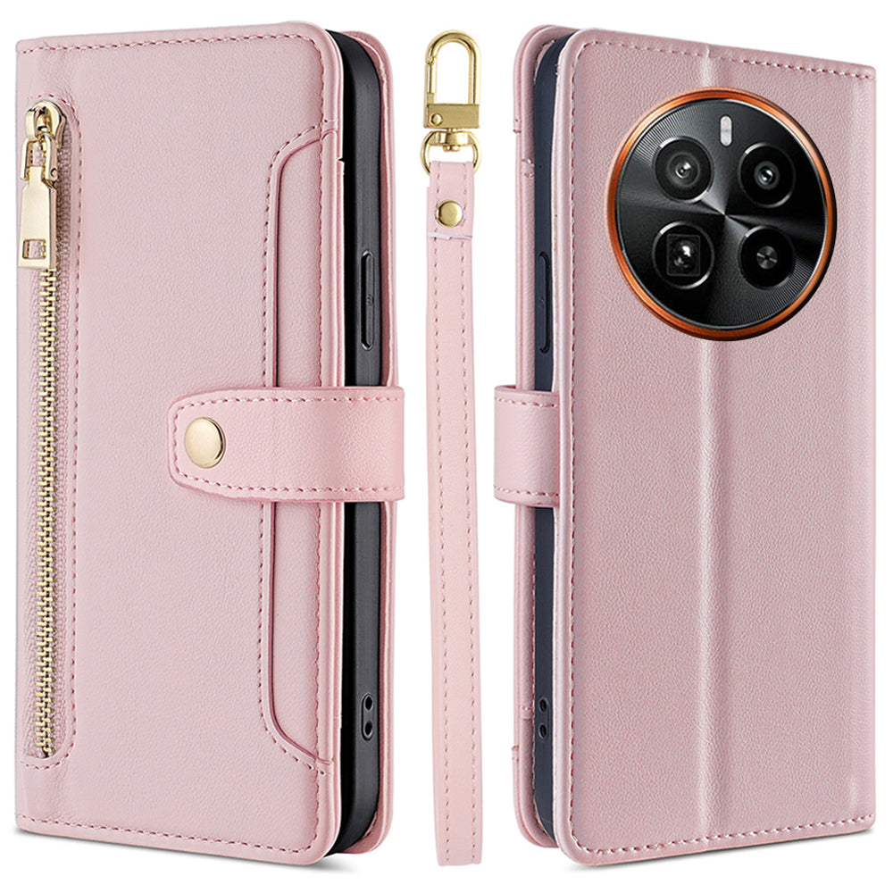 For Realme GT5 Pro 5G Cell Phone Case Zipper Pocket Wallet Leather Card Holder with 2 Straps