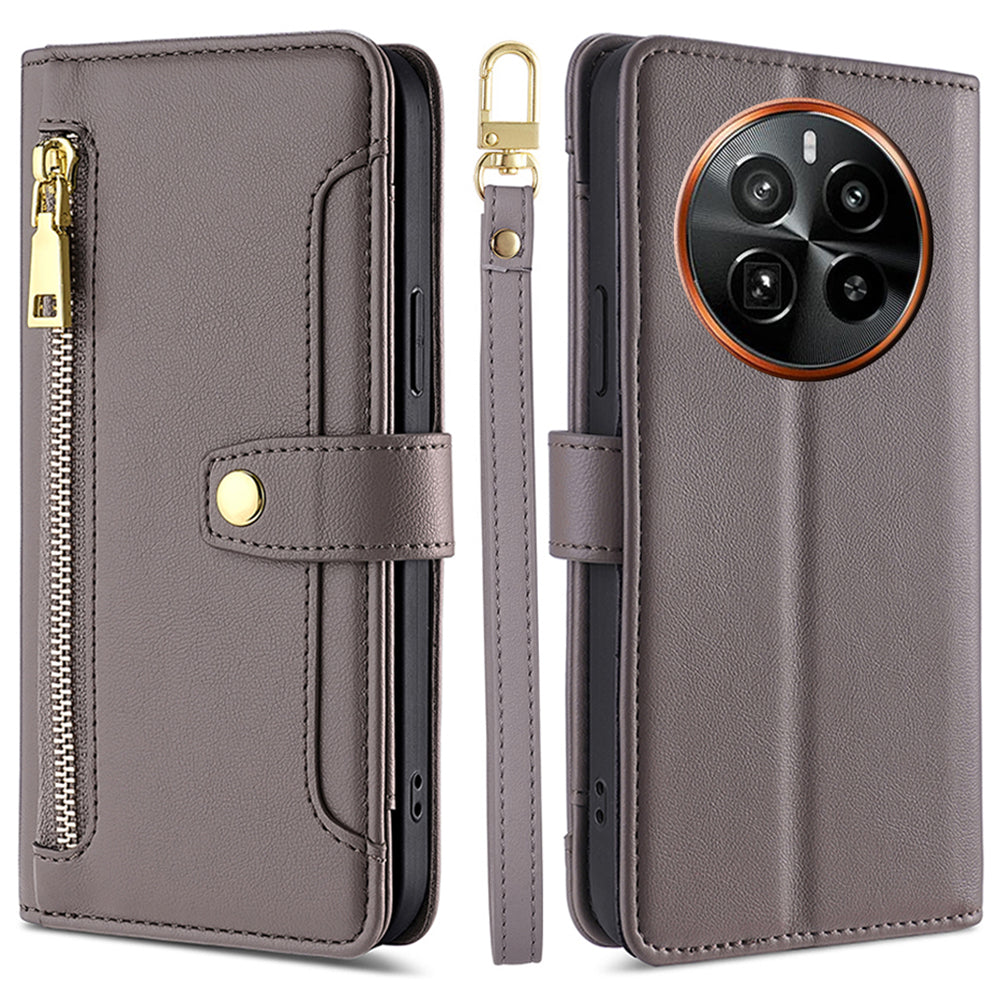 For Realme GT5 Pro 5G Cell Phone Case Zipper Pocket Wallet Leather Card Holder with 2 Straps