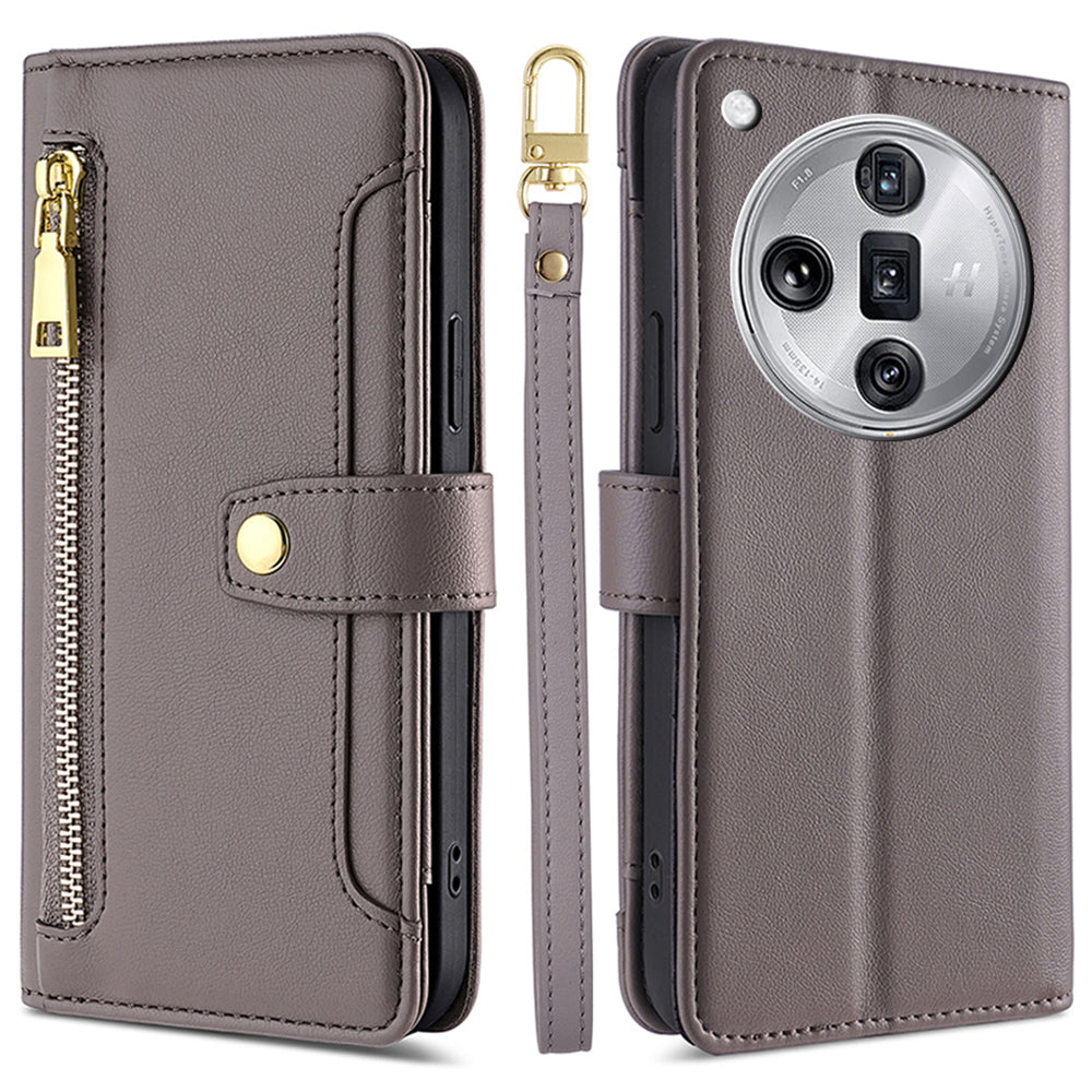 For Oppo Find X7 Ultra Case Zipper Pocket Wallet Leather Card Holder Phone Cover with 2 Straps