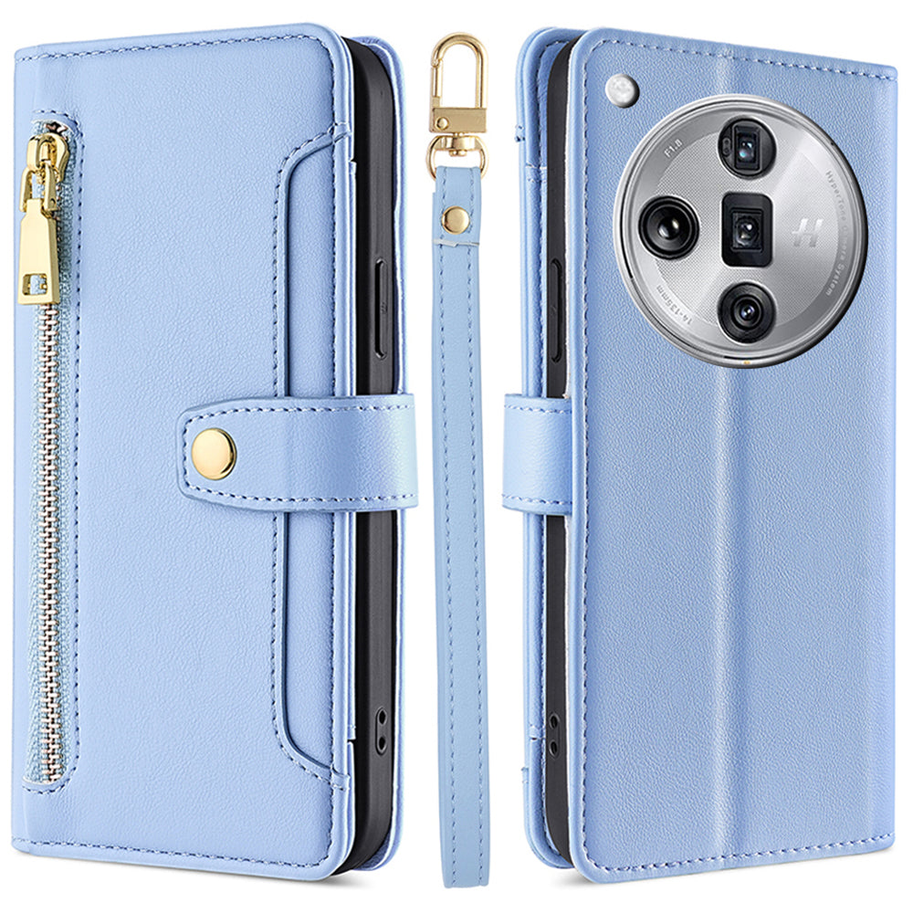 For Oppo Find X7 Ultra Case Zipper Pocket Wallet Leather Card Holder Phone Cover with 2 Straps