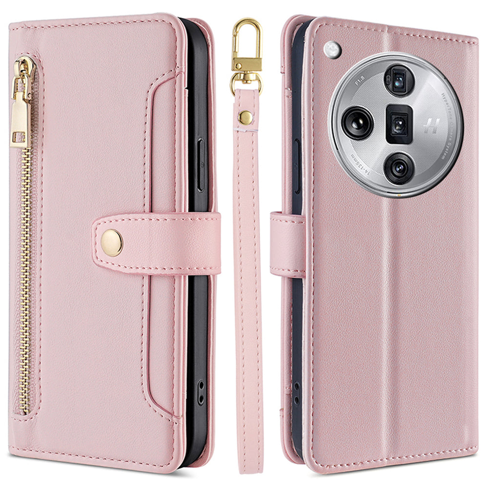 For Oppo Find X7 Ultra Case Zipper Pocket Wallet Leather Card Holder Phone Cover with 2 Straps
