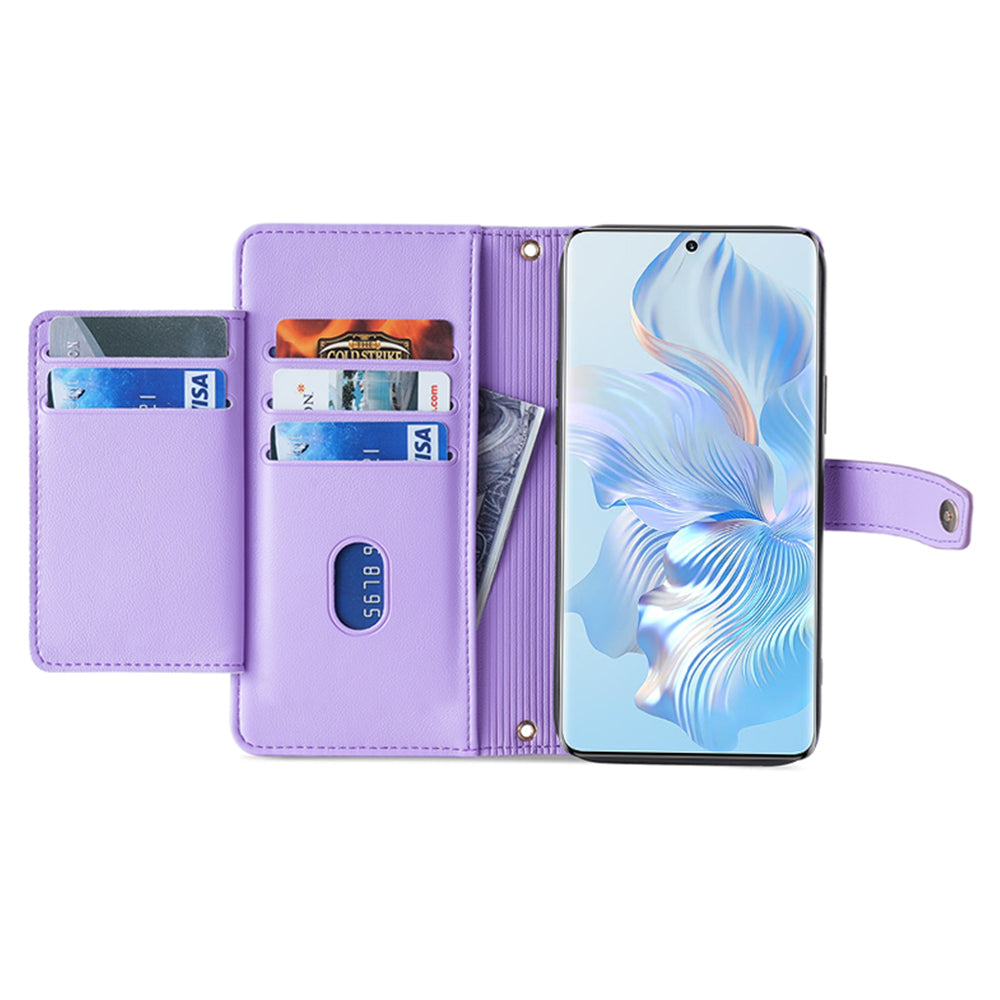 For Honor Magic6 Pro 5G Case Zipper Pocket Wallet Anti-Drop Leather Phone Cover with 2 Straps