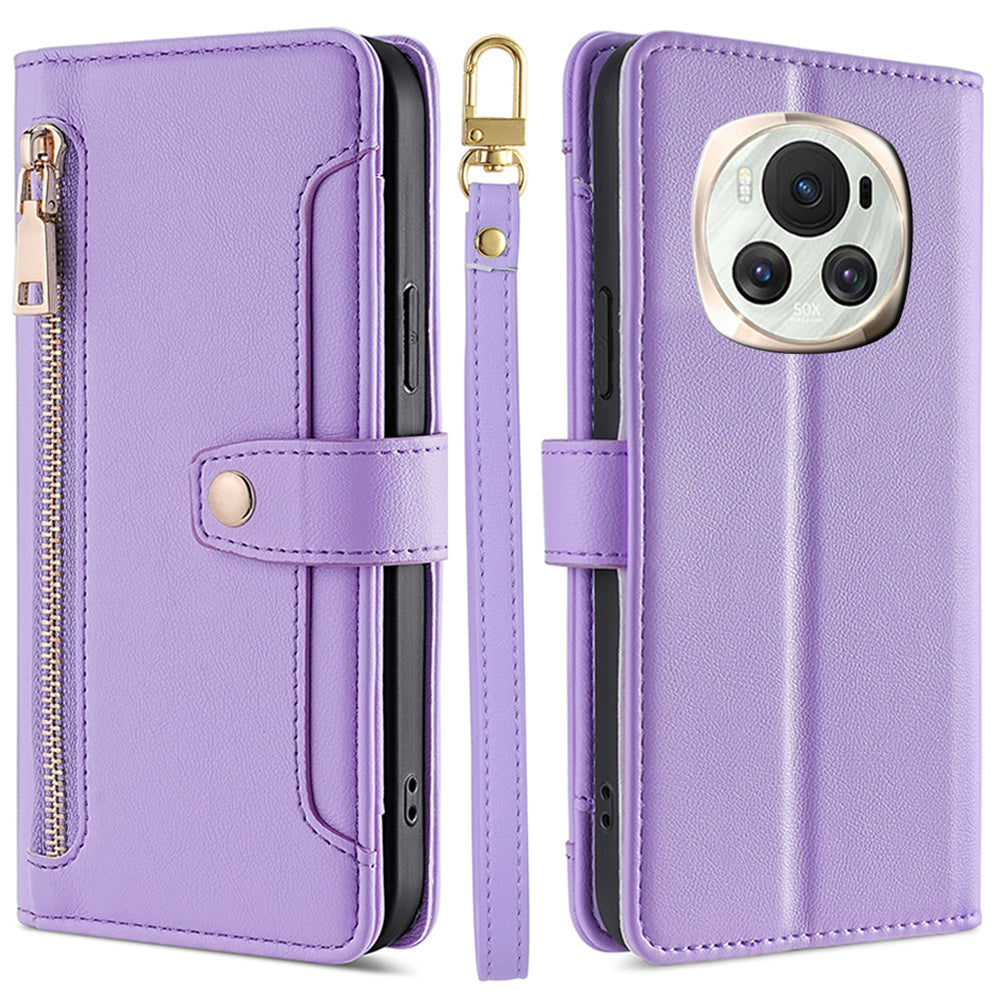 For Honor Magic6 5G Zipper Pocket Wallet Case Card Holder Leather Phone Cover with 2 Straps