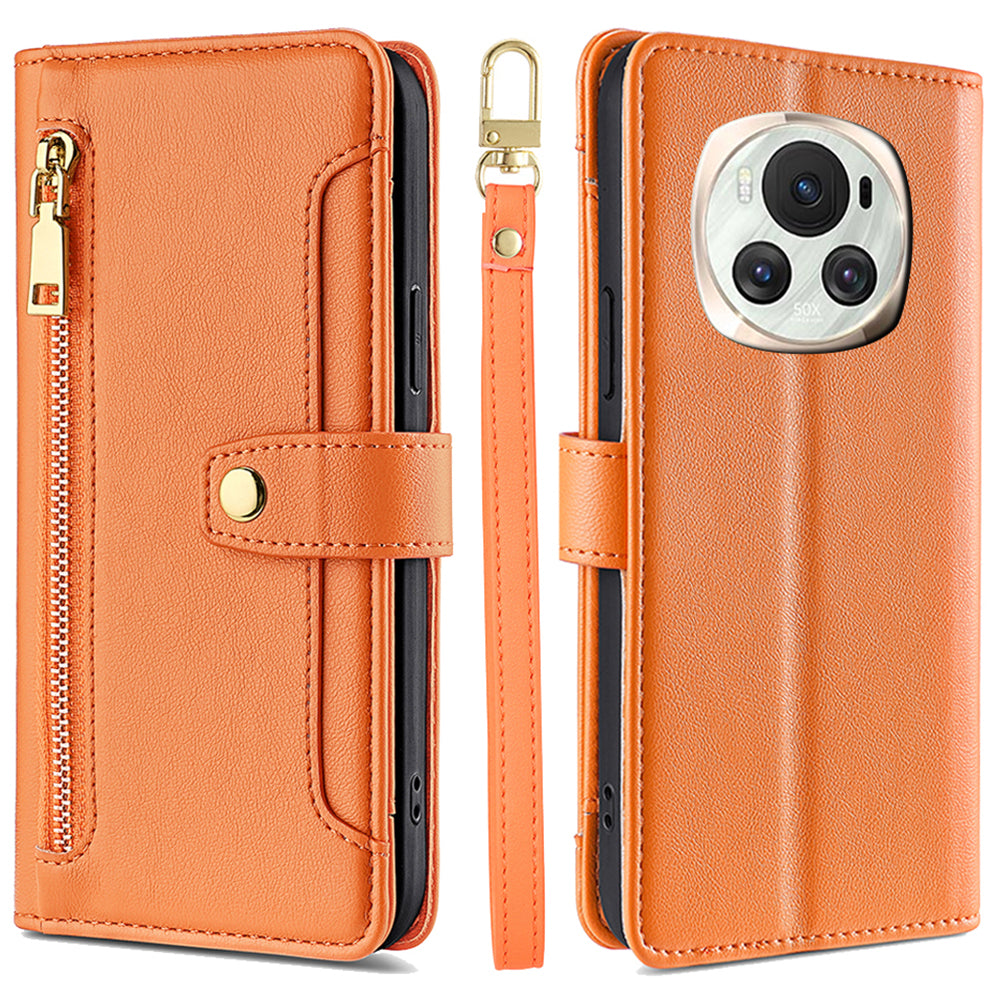 For Honor Magic6 5G Zipper Pocket Wallet Case Card Holder Leather Phone Cover with 2 Straps