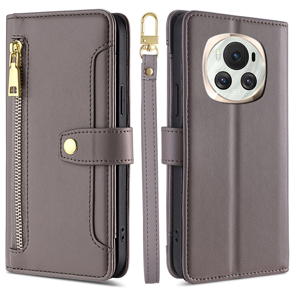 For Honor Magic6 5G Zipper Pocket Wallet Case Card Holder Leather Phone Cover with 2 Straps