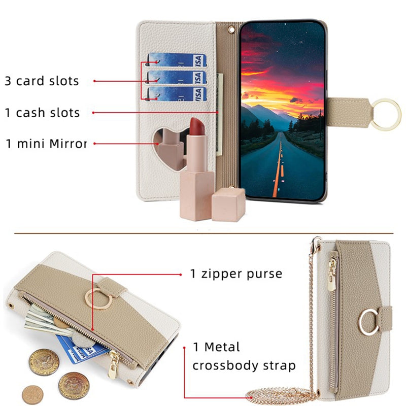 For Oppo Find X7 5G Cell Phone Case Zipper Pocket Crossbody Cover with Makeup Mirror