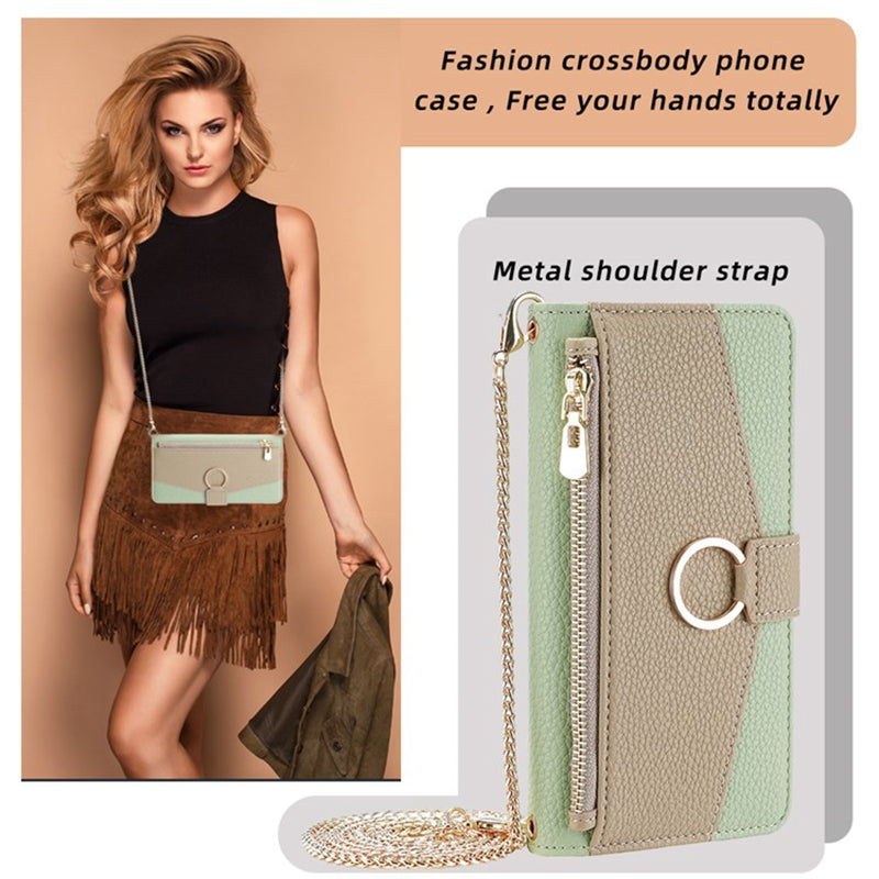 For Honor Magic6 5G Makeup Mirror Zipper Pocket Phone Cover Leather Case with Shoulder Strap