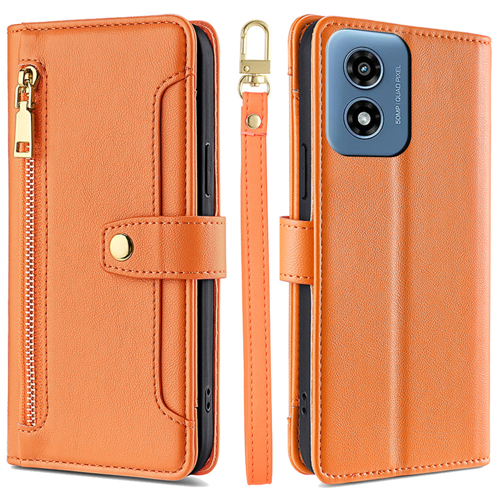 For Motorola Moto G Play (2024) 4G Leather Case Zipper Pocket Wallet Card Holder Phone Cover with 2 Straps
