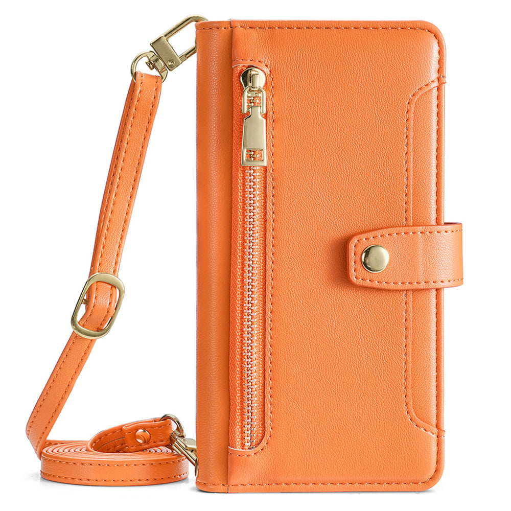 For Motorola Moto G Play (2024) 4G Leather Case Zipper Pocket Wallet Card Holder Phone Cover with 2 Straps