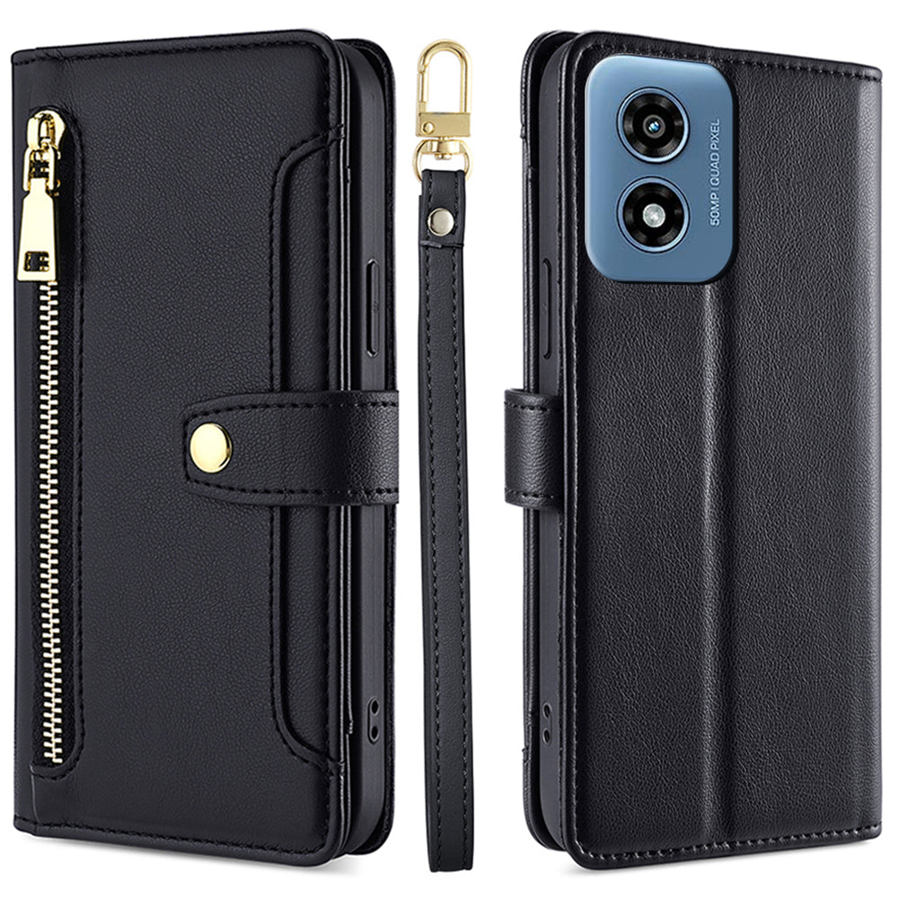 For Motorola Moto G Play (2024) 4G Leather Case Zipper Pocket Wallet Card Holder Phone Cover with 2 Straps