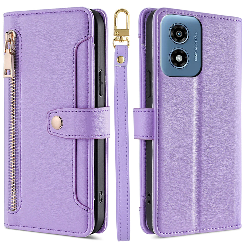 For Motorola Moto G Play (2024) 4G Leather Case Zipper Pocket Wallet Card Holder Phone Cover with 2 Straps