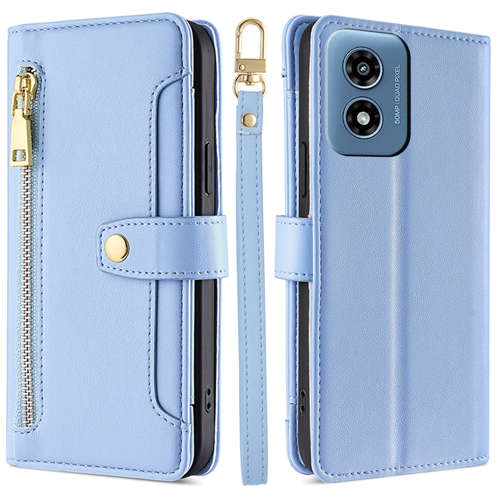 For Motorola Moto G Play (2024) 4G Leather Case Zipper Pocket Wallet Card Holder Phone Cover with 2 Straps