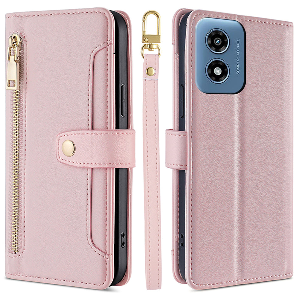 For Motorola Moto G Play (2024) 4G Leather Case Zipper Pocket Wallet Card Holder Phone Cover with 2 Straps