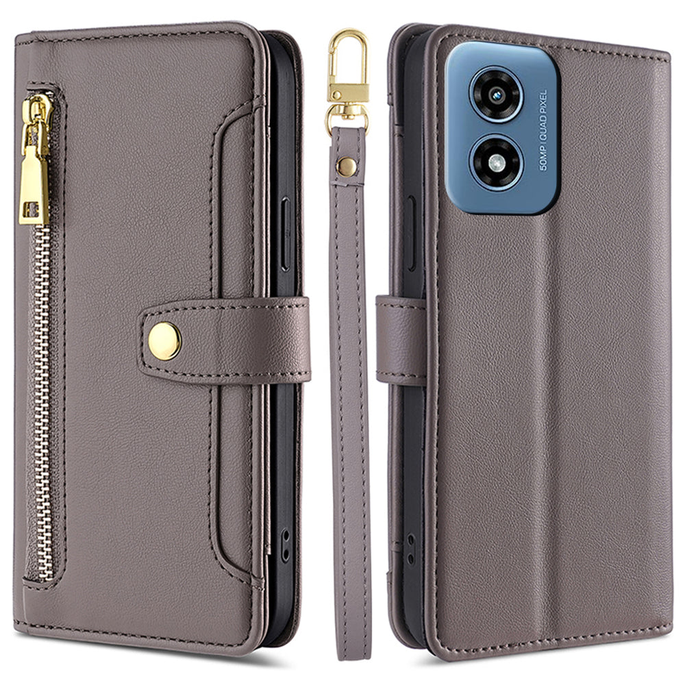 For Motorola Moto G Play (2024) 4G Leather Case Zipper Pocket Wallet Card Holder Phone Cover with 2 Straps