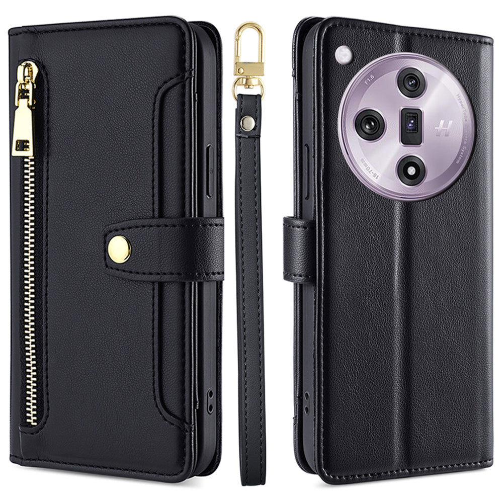 For Oppo Find X7 5G Leather Case Zipper Pocket Wallet Phone Cover with 2 Straps