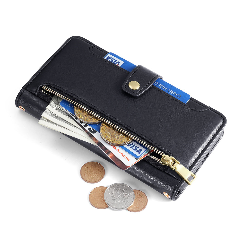 For Oppo Find X7 5G Leather Case Zipper Pocket Wallet Phone Cover with 2 Straps