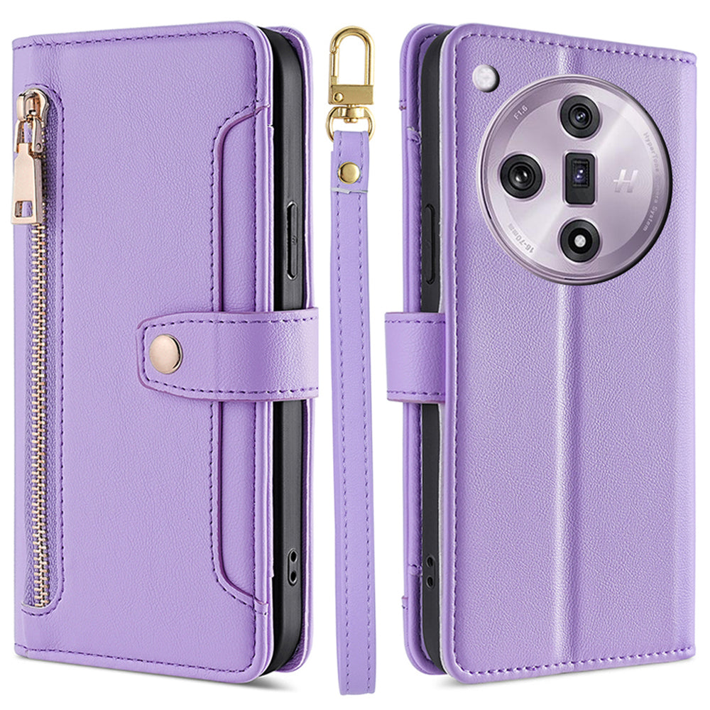 For Oppo Find X7 5G Leather Case Zipper Pocket Wallet Phone Cover with 2 Straps