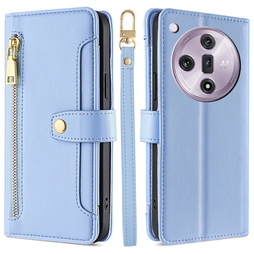 For Oppo Find X7 5G Leather Case Zipper Pocket Wallet Phone Cover with 2 Straps