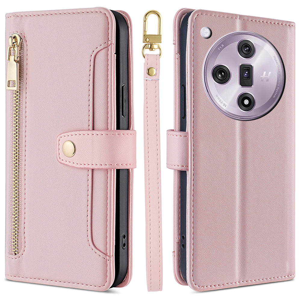 For Oppo Find X7 5G Leather Case Zipper Pocket Wallet Phone Cover with 2 Straps