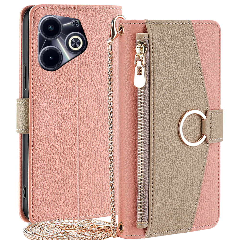 Leather Case for Transsion Infinix Hot 40i Makeup Mirror Zipper Pocket Phone Cover with Shoulder Strap