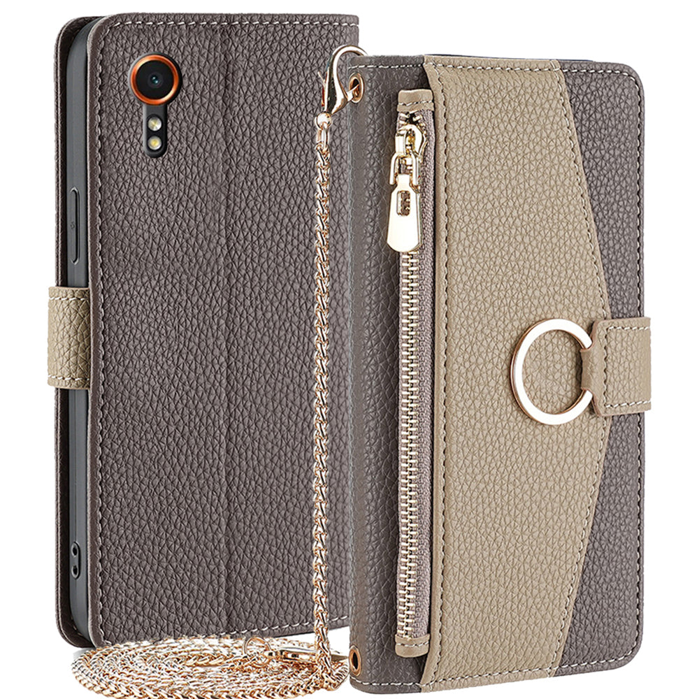 For Samsung Galaxy Xcover7 Makeup Mirror Zipper Pocket Phone Cover Shockproof Case with Shoulder Strap