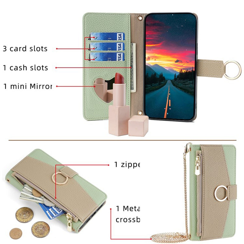 For Oppo Find X7 Ultra Makeup Mirror Zipper Pocket Phone Cover Anti-fall Case with Shoulder Strap