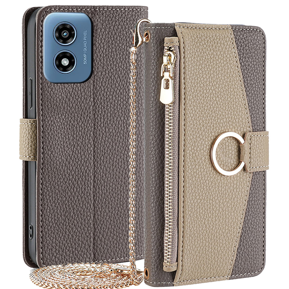 For Motorola Moto G Play (2024) 4G Makeup Mirror Zipper Pocket Phone Cover Drop Proof Case with Shoulder Strap