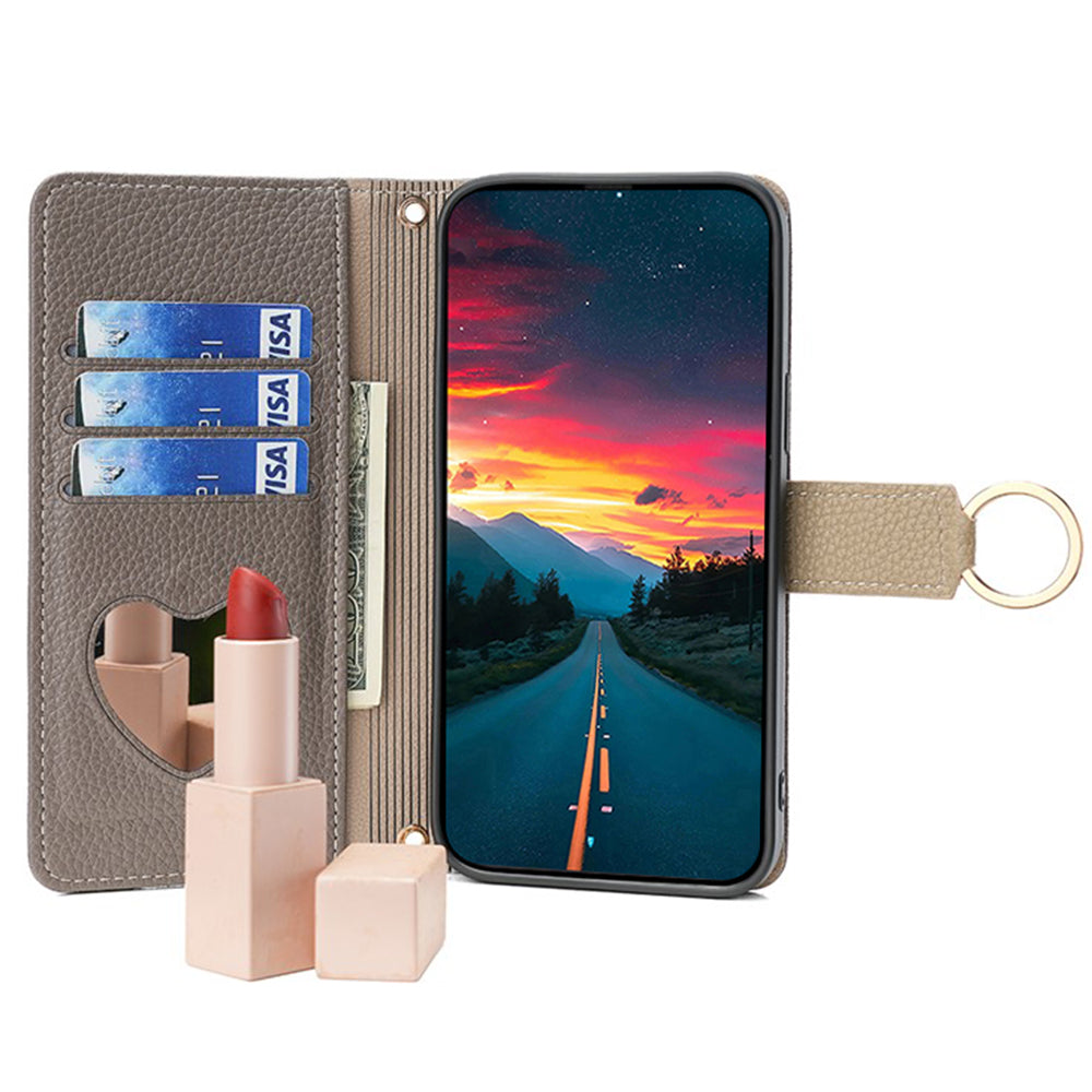 For Motorola Moto G Play (2024) 4G Makeup Mirror Zipper Pocket Phone Cover Drop Proof Case with Shoulder Strap