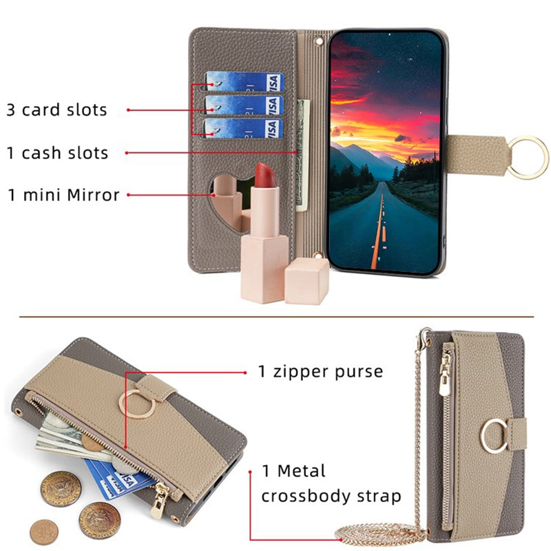 For Motorola Moto G Play (2024) 4G Makeup Mirror Zipper Pocket Phone Cover Drop Proof Case with Shoulder Strap