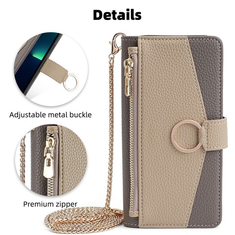 For Motorola Moto G Play (2024) 4G Makeup Mirror Zipper Pocket Phone Cover Drop Proof Case with Shoulder Strap