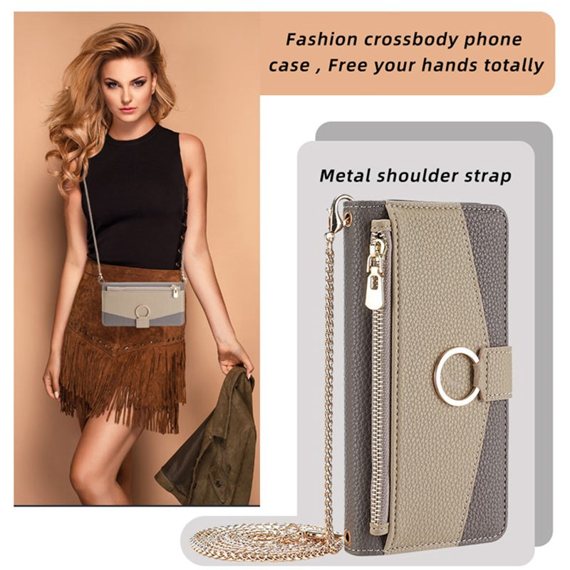 For Motorola Moto G Play (2024) 4G Makeup Mirror Zipper Pocket Phone Cover Drop Proof Case with Shoulder Strap