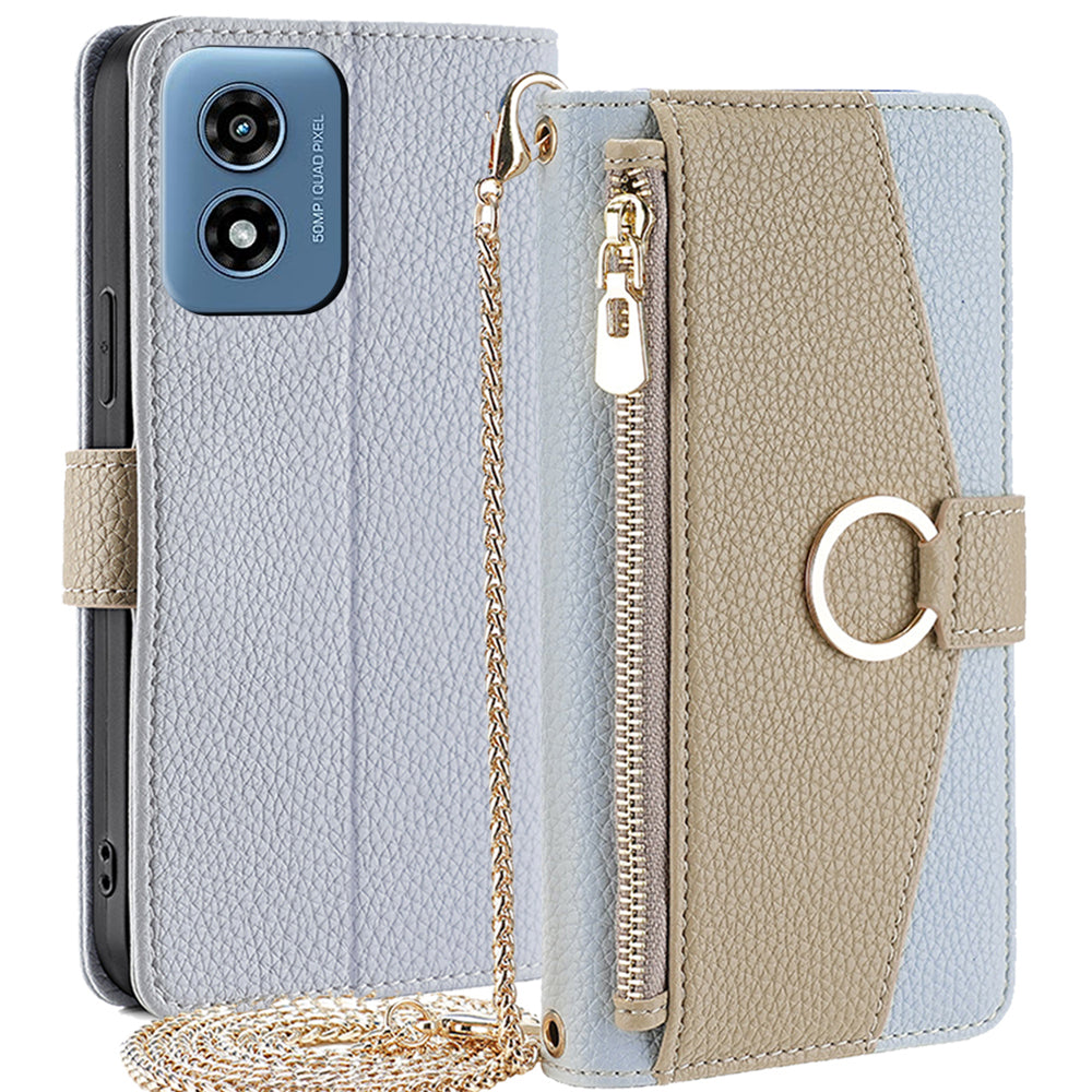 For Motorola Moto G Play (2024) 4G Makeup Mirror Zipper Pocket Phone Cover Drop Proof Case with Shoulder Strap