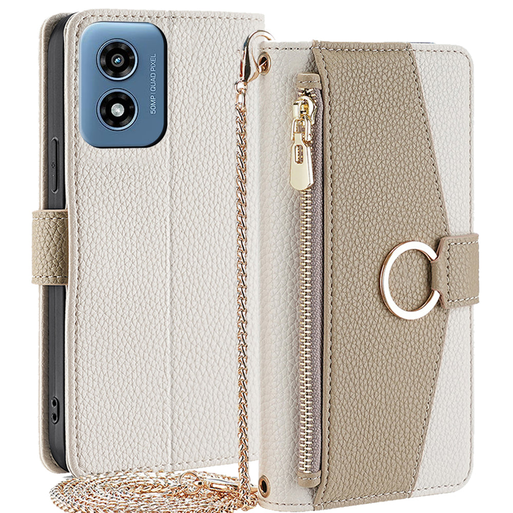 For Motorola Moto G Play (2024) 4G Makeup Mirror Zipper Pocket Phone Cover Drop Proof Case with Shoulder Strap