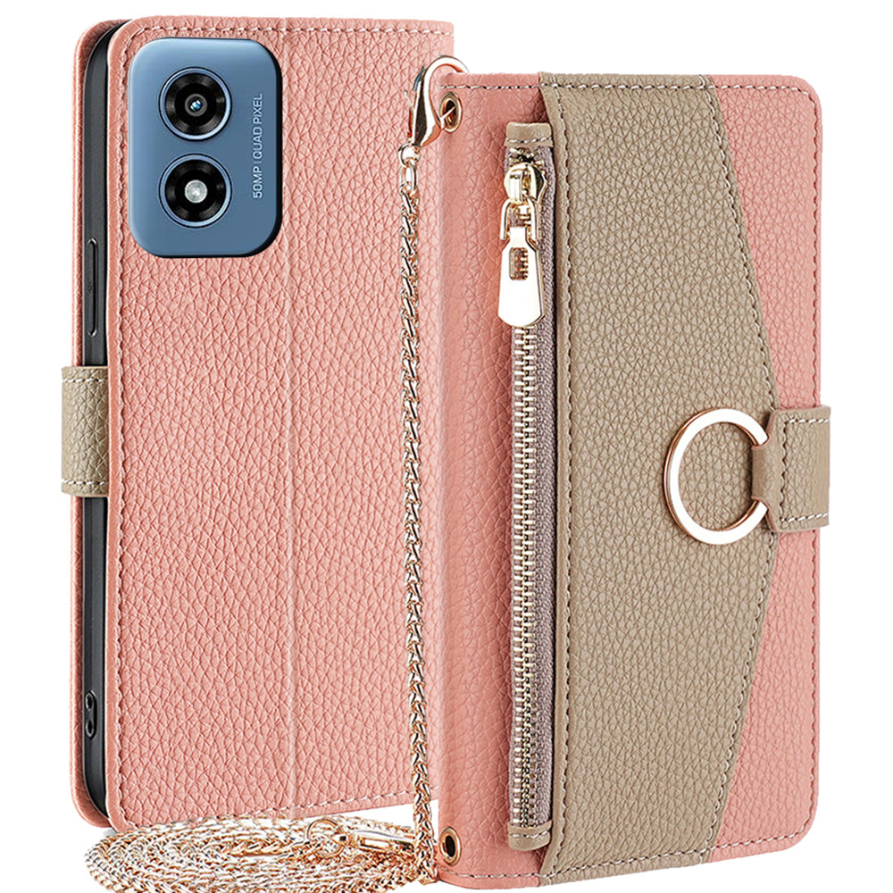 For Motorola Moto G Play (2024) 4G Makeup Mirror Zipper Pocket Phone Cover Drop Proof Case with Shoulder Strap