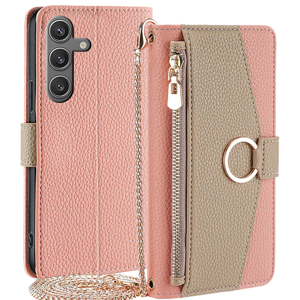 For Samsung Galaxy S24 Makeup Mirror Zipper Pocket Phone Cover Anti-scratch Case with Shoulder Strap