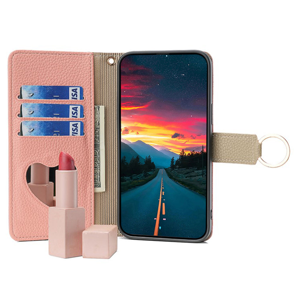 For Samsung Galaxy S24 Makeup Mirror Zipper Pocket Phone Cover Anti-scratch Case with Shoulder Strap