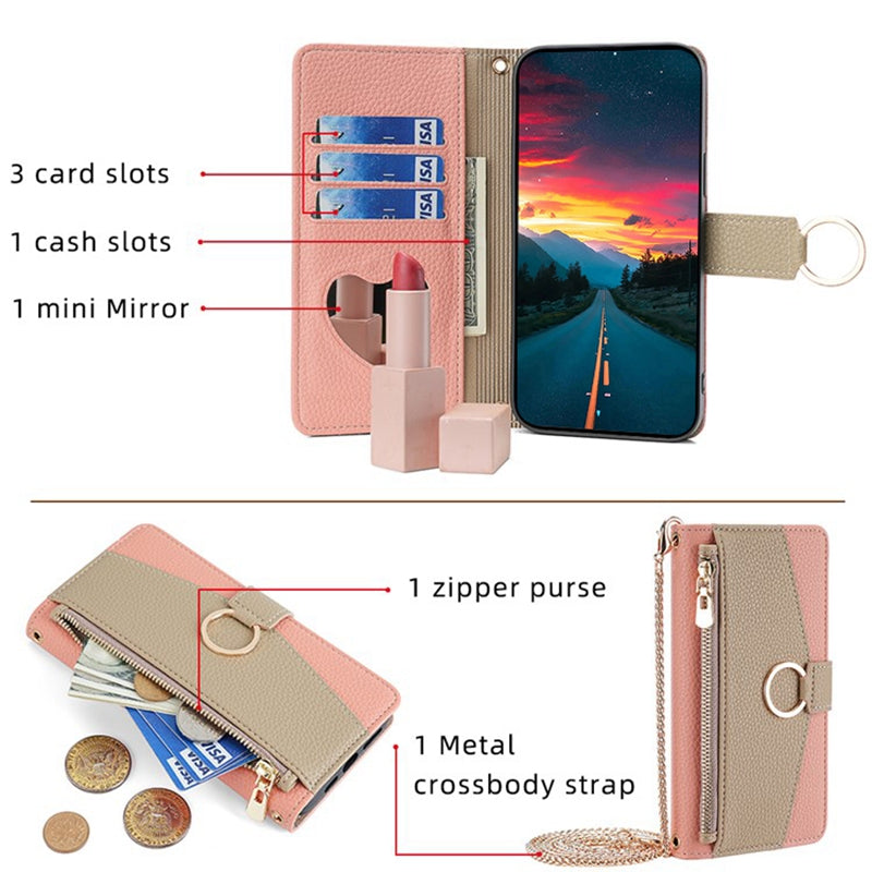For Samsung Galaxy S24 Makeup Mirror Zipper Pocket Phone Cover Anti-scratch Case with Shoulder Strap