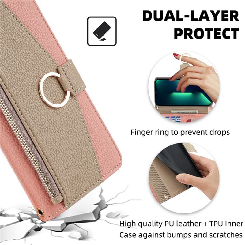 For Samsung Galaxy S24 Makeup Mirror Zipper Pocket Phone Cover Anti-scratch Case with Shoulder Strap