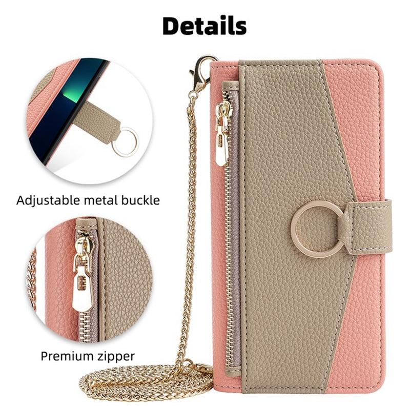 For Samsung Galaxy S24 Makeup Mirror Zipper Pocket Phone Cover Anti-scratch Case with Shoulder Strap